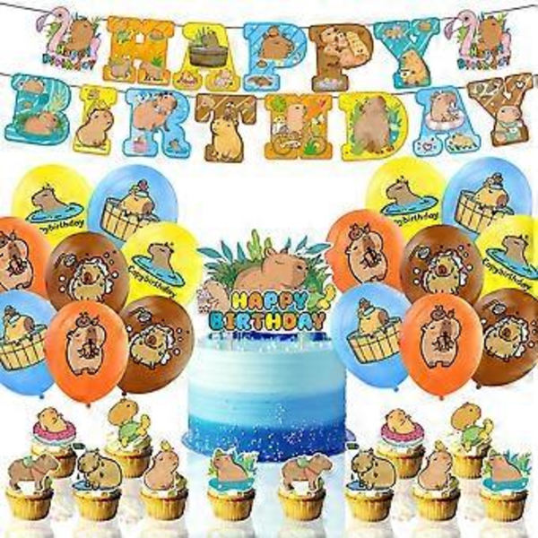 Capybara Børne Tegneserie Fødselsdagsfest Dekorationer HAPPY BIRTHDAY Bannere Balloner Kage Toppers Sæt ( )