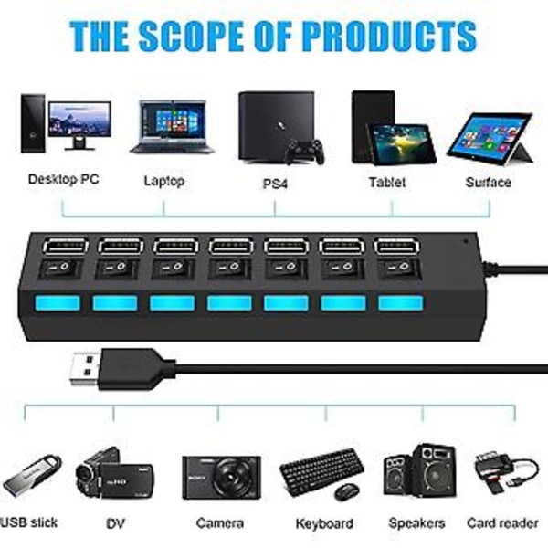 USB-splitter med flere porter, 7-i-1 USB 2.0-hub med individuelle strømbrytere med høy hastighet og LED-lamper (7-ports USB A)