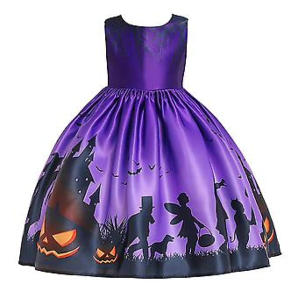 Flickors Halloween-klänning med tryck, balklänning, spets, prinsessklänning, 5-10 år (5-6 år Lila A)