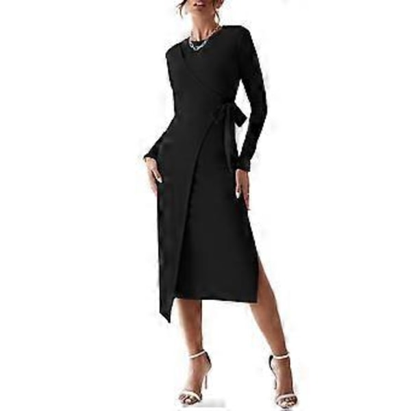 Dame Crow Neck Kabelstrikket Sweater Kjole Langærmet Bodycon Slids Pullover Midi Kjole med Bælte (Medium)