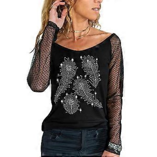 Kvinner Mesh Langærmet Skjorte Casual Rundhals Sheer Mesh Polka Dot Bluser Topper (S farge 08)