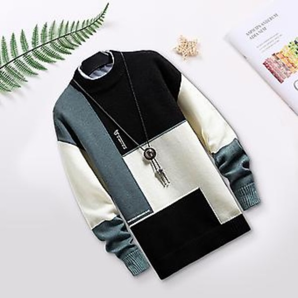 Mænds Vintertrøje Strikket Langærmet Rundhals Kontrastfarve Løstsiddende Varmebevarende Tyk Elastisk Anti-krympende Forårstrøje til Shopping (3XL Grøn)