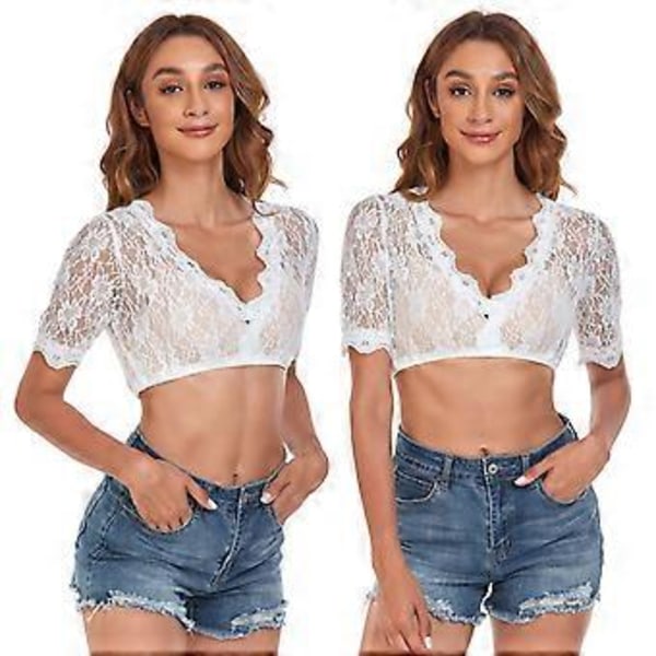 100% Ny Oppgradert Bayersk Oktoberfest Kostyme for Kvinner Tradisjonell Dirndl Bluse Ølhage Crop Top (36 Hvit halv erme)