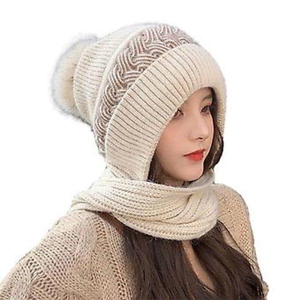 Womens Winter Warm Scarf And Beanie Hat One-piece Thick Fleece Lined Knitted Neck Warmer Hooded Scarf Thermal Ladies Ski Snow Cap With Pompom( Beige)