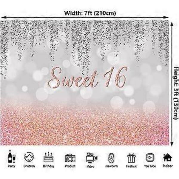 Happy Sweet 16th Birthday Banner Bakgrundsdekorationer för Flickor Roséguld Sweet 16 Birthday Party Skyltar Tillbehör Rosa Sweet Sixteen Birthday Poster Bac