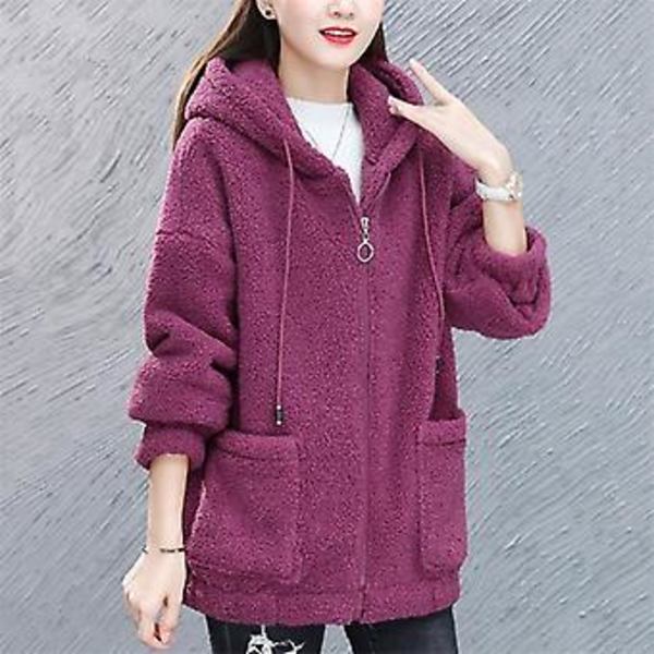 Tyk, varm lammefrakke til kvinder i plus størrelse med hætte, lynlås og cardigan-hoodie (4XL Lilla)