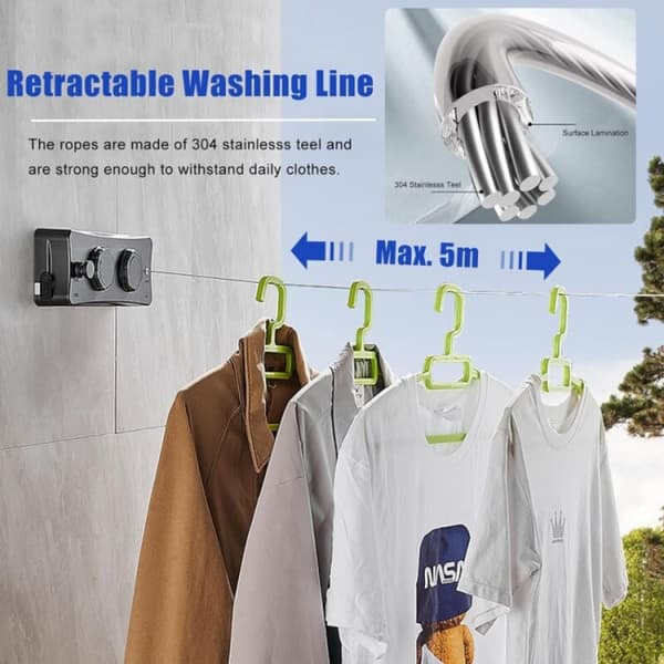 2 x 5M Retractable Clothesline, Wall Mounted Retractable Line wit