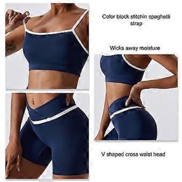 2-osainen Jooga-asu Värilohko Spaghettihihnallinen Ristivyötäröinen Naisten Urheilujooga-asu Juoksuun (XL Shorts Midnight Blue)