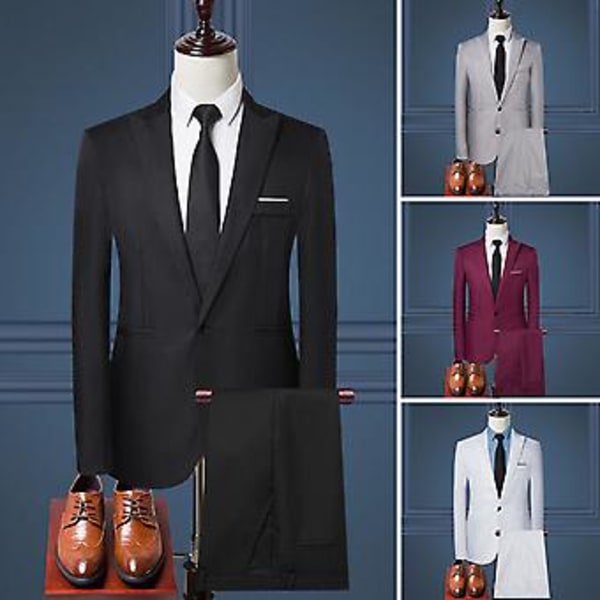 2-delad kostym för män, enfärgad, business, kavaj med slag, långärmad, enkelknäppt, slim fit, mid-rise, långbyxor (XL grå)