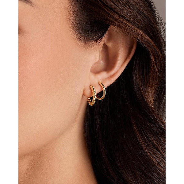 Förgyllda stolpar 3 par små örhängen set | Cubic Zirconia Plain Rope Huggie Hoops för kvinnor | Lätta örhängen