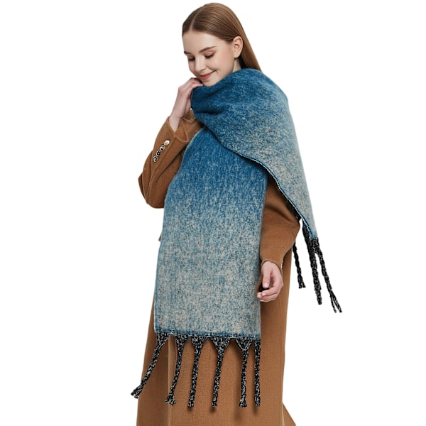 Gradient Färg Scarf, Dam Vinter Tjock Varm Tassel Scarf, Blå