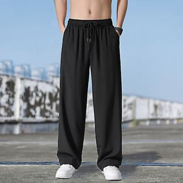 Bukser til mænd med elastisk snøreliv, lommer, draperet design, sommer, ensfarvet, lige, brede ben, tynde bukser (XL Sort)