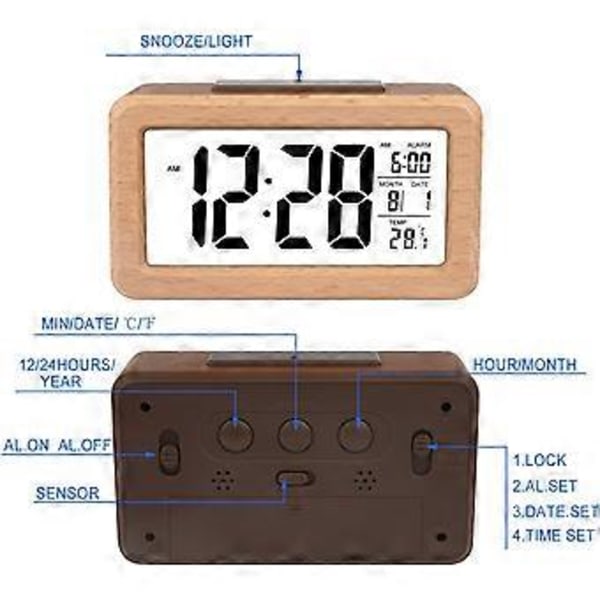 Lättinställd Digital Väckarklocka i Trä med Temperatur, Datum, Bakgrundsbelysning, Snooze, för Sovrum, Sängbord, Hem, Kontor, Tyst