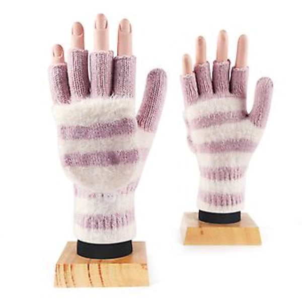 Plush Strikket Handsker Strækbare Handsker med Flip Top Stribede Fingerløse Handsker (Lyselilla)