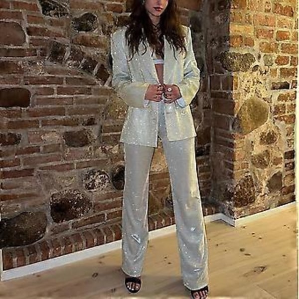 100% NY, Paljett Silver Blazer Kavaj Kort Topp Enfärgad Kostym För Kvinnor - Mode/vardaglig Bodycon Vacker Vår/sommar Klädsel (S)