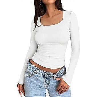 Dam Underdel Toppar Scoop Hals Långärmad Slim Fit Pullover Toppar Enfärgad Hög (S vit)