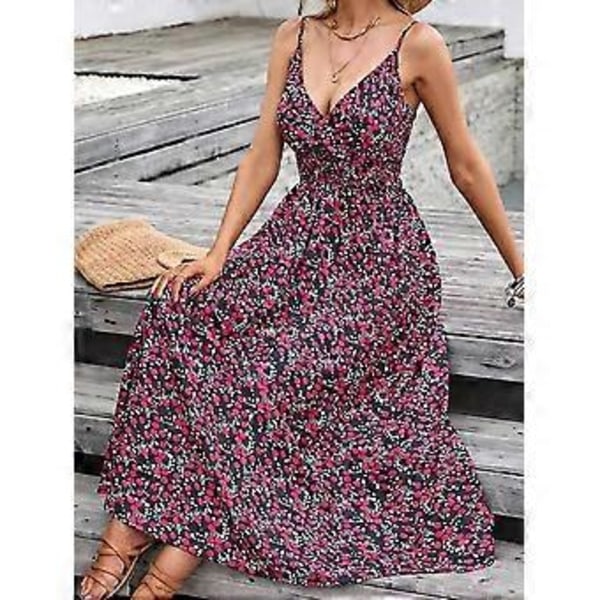 Kvindesommerkjole, Casual, Ærmeløs, Blomstermønstret, Løstsiddende, Split, Maxi, Flydende, Lang Strandkjole (L sort)