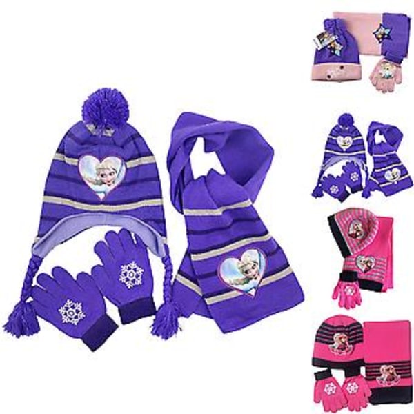 Frozen Elsa Anna Character Warm Knitted Hat Scarf Gloves Set Girls Kids Winter Beanie Hat( D)