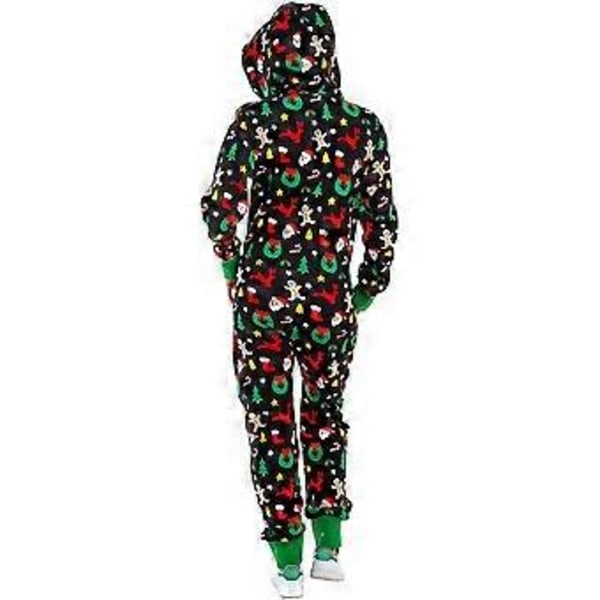 Julpyjamas för kvinnor, Onesie med huva, Jumpsuit, Nattkläder, Långärmad, Tryckt (M Grön)
