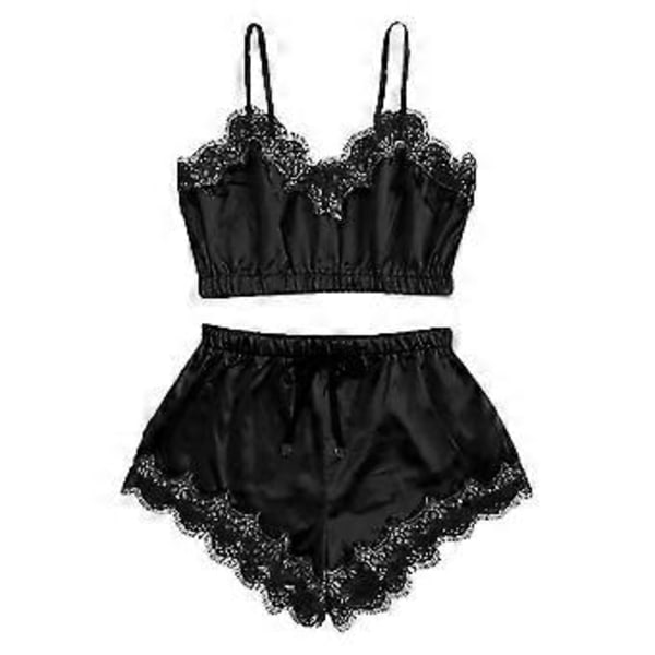 Dam Underkläder Spets Silke Satin Cami Linne Toppar Shorts Pyjamas Set Sovkläder Nattkläder Pj's -NMAOV(L Svart)