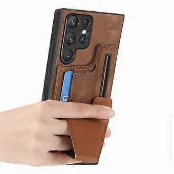 För Samsung Galaxy S25 Ultra Skal med Kortfack Ställ Retro Läder Baksida - Brun (Brun)