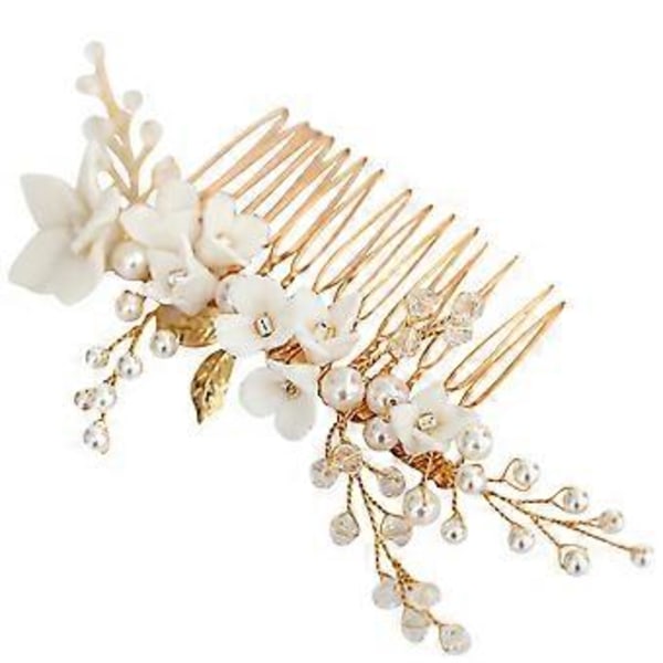 Hårkam i legering, modebanquet, huvudbonad, handgjord, vit pärla, blomform, bröllopstillbehör, vacker brudhårsdekoration för kvinnor (Guld