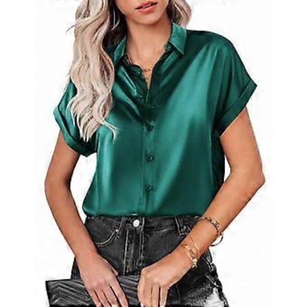 Dame Satin Skjorte Sort Grøn Hvid Revers Knap Kortærmet Toppe Løs Bluse(XXL armygrøn)