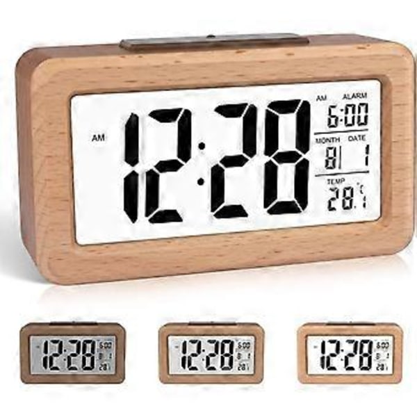 Lättinställd Digital Väckarklocka i Trä med Temperatur, Datum, Bakgrundsbelysning, Snooze, för Sovrum, Sängbord, Hem, Kontor, Tyst