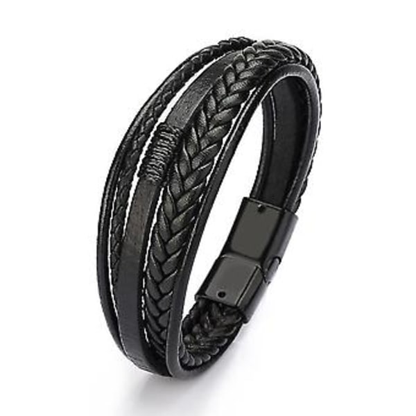 21cm Dropshipping Ægte Læder Armbånd Mænd Rustfrit Stål Multilayer Flettet Reb Armbånd Til Mand Smykker Armbånd Homme (H9641-2)