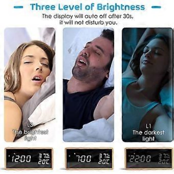 Elektronisk Väckarklocka, Digital Väckarklocka i Glas med 3 Larminställningar, USB-driven Digital Klocka med Tid, Temperatur och Luftfuktighet LED-Display (Re