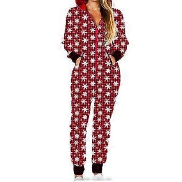 Julpyjamas för kvinnor, Onesie med huva, Jumpsuit, Nattkläder, Långärmad, Tryckt, Jul (M Snöflinga Rutiga)
