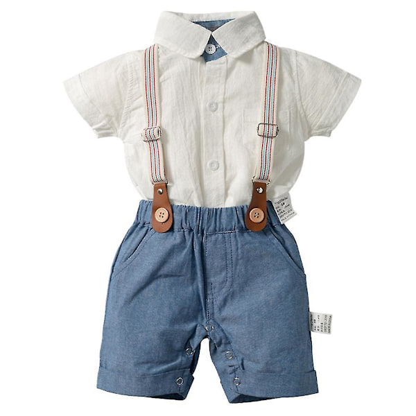 Infant Baby Boys Gentleman Outfits Suits Bowtie Suspenders Shorts Formal Outfit Blue 18-24M