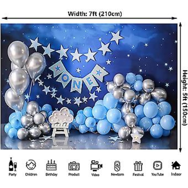 Blå himmel med glittrande stjärnor ballonger Pojkar 1 års födelsedagsfest Ett år gammal Tårta krossa Dekoration Bakgrund för hemfest Banner Fotostudio, 7x5ft
