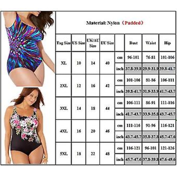 Badedrakt for kvinner med polstring, én del, pluss størrelse, blomstermønster, monokini (3XL Blå blomster)