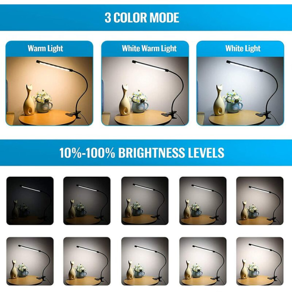 Fästbar LED-bordslampa, 10W USB läslampa, 360° svanhalsljus, set om 2