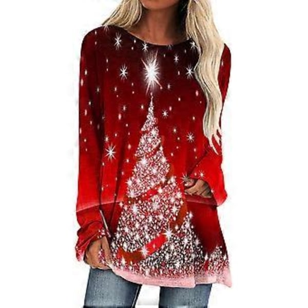 Dametøj Jule Snefnug Print T-shirt Langærmet Rundhals Casual Jule Bluse Trøje (M A)