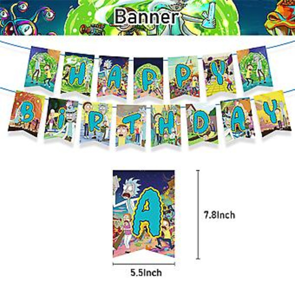 Rick ja Morty -piirrettyteemainen syntymäpäiväkoristepaketti, jossa on Onnea syntymäpäiväksi -lippu, ilmapalloja, kakku/kupkakakku-koristeita ja hauskoja juhlatarvikkeita ( )