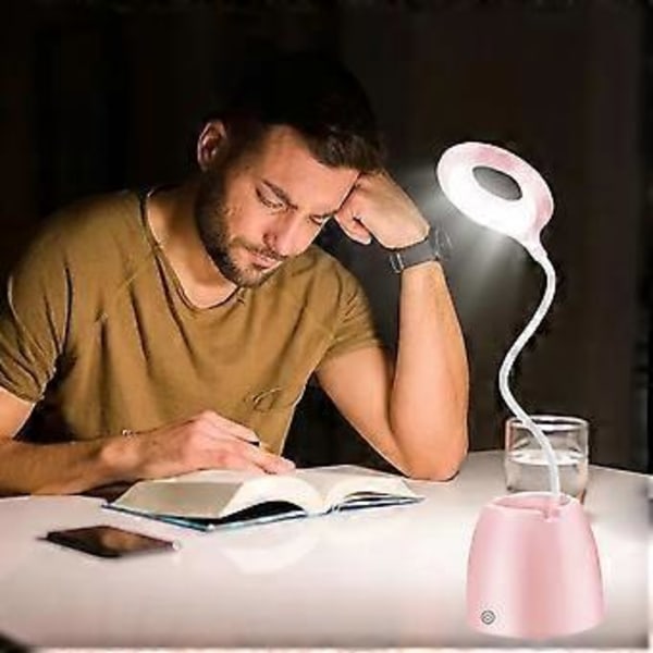 Søt Skrivebordslampe for Jenters Soverom, Oppladbart Batteri Multifunksjonell Skrivebordslampe med Fleksibel Svanehals, Øyevennlig Design og Trinnløs Dimming