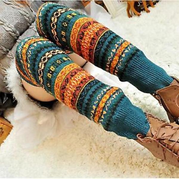 Damer Boho Varme Ben Over Kneesokker Lårhøye Stretch Støvledeksel Erme Strømper (Peacock Blå)