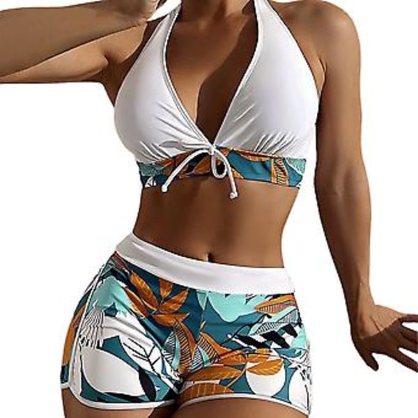 Kvinnors Padded Bikini Set med Lövtryck, Halterneck-BH, Slips-Topp, Hög Midja, Pojk-Shorts, Baddräkt, Sommarstrandkläder (2XL Vit)