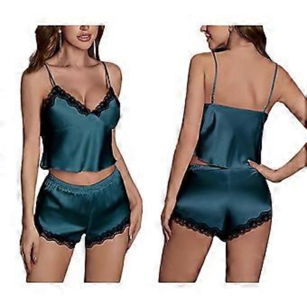 Spetsat pyjamas och shortsset, sexig justerbar axelbands-pyjamas topp med djupt V-ringning, spetsbh, nattkläder (XL Blå)