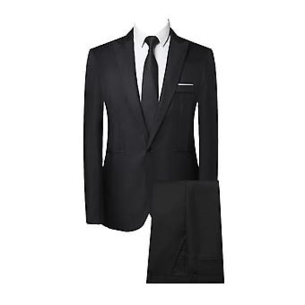 2-delt sæt til mænd - Ensfarvet jakkesæt til arbejde med revers, lange ærmer, enkeltknappet blazer, slank pasform, midterste talje, lange bukser (M sort)