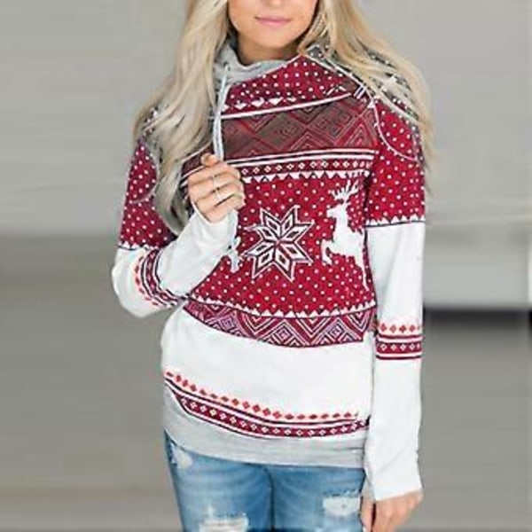 Dametøj Jule Reindeer Print Hoodies Langærmet Hættetrøje Trøje Jule Casual Jumper Tops Med Lommer (L Rød)