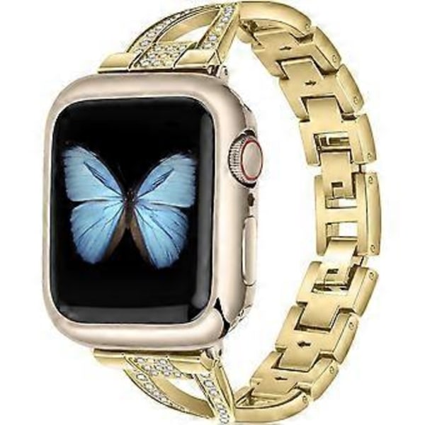 Urremme Kompatibel med Apple Watch 42/44mm SE Serie 7 6 5 4 3 2 1, Kvinders Smykker Metal Armbånd med Glitter Diamanter (Guld)