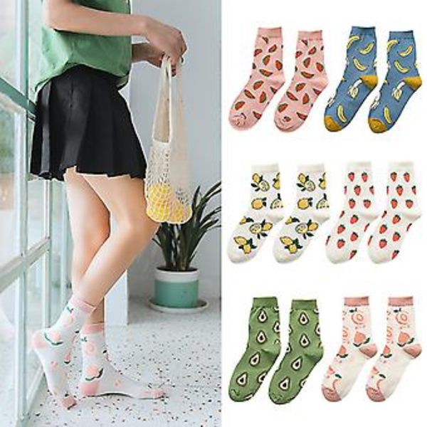 Japanska Stil Dam Bomullsstrumpor Ankel Söta Godisfärger Persika Avocado Frukter Tryckt Sommar Gata Mellanrör Strumpbyxor ( )