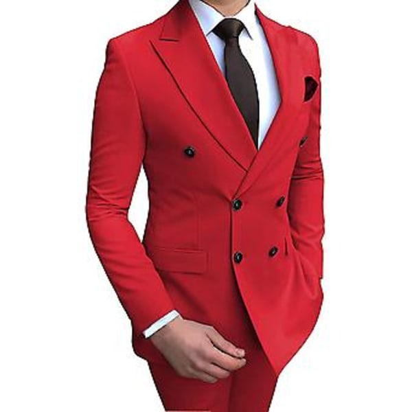 Herrar Dubbelknäppt Blazer Kostym 2 Delar Slim Fit Bröllop Brudgum Tuxedo Peak Lapel Formell Prom Kostymer (50 Röd)