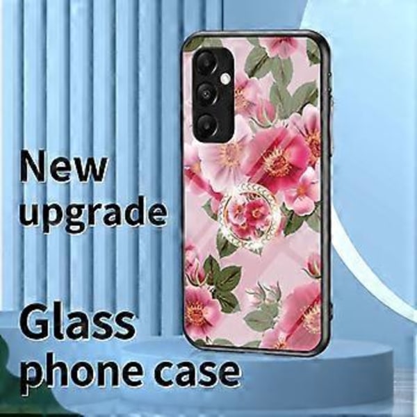 For Samsung Galaxy A35 5G Herdet Glass Deksel Ring Stativ Telefon Deksel (Svart Blomsterbusk)