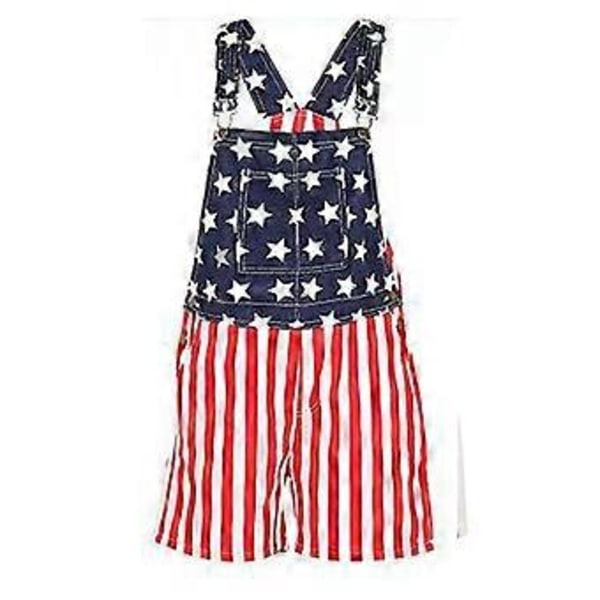 Amerikansk Flagg Overalls Denim Bib Shorts Justerbare Stropper Jeans Shorts Rompers med Lomme (3XL Flerfarget)