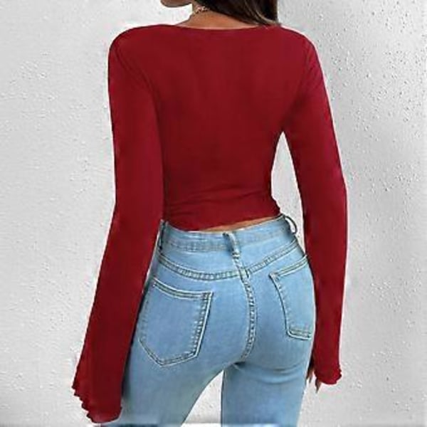 (NYTT MØNSTER) Langermet Cropped Topp T-skjorte med firkantet hals for kvinner, ensfarget asymmetrisk bluse, strikket ribbestrikket cropped topp (style10257)