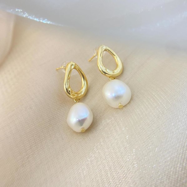 14K GULDFORGYLDTE Naturlige Ferskvands Barok Perle Dangle Drop Øreringe til Kvinder